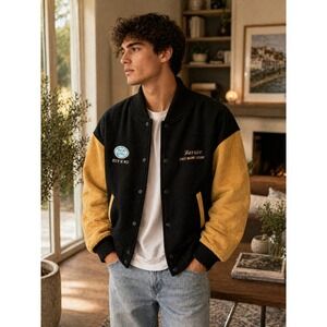Burks Bay Mens Varsity Bomber Jacket Black Yellow Suede ISCA West Black Magic M